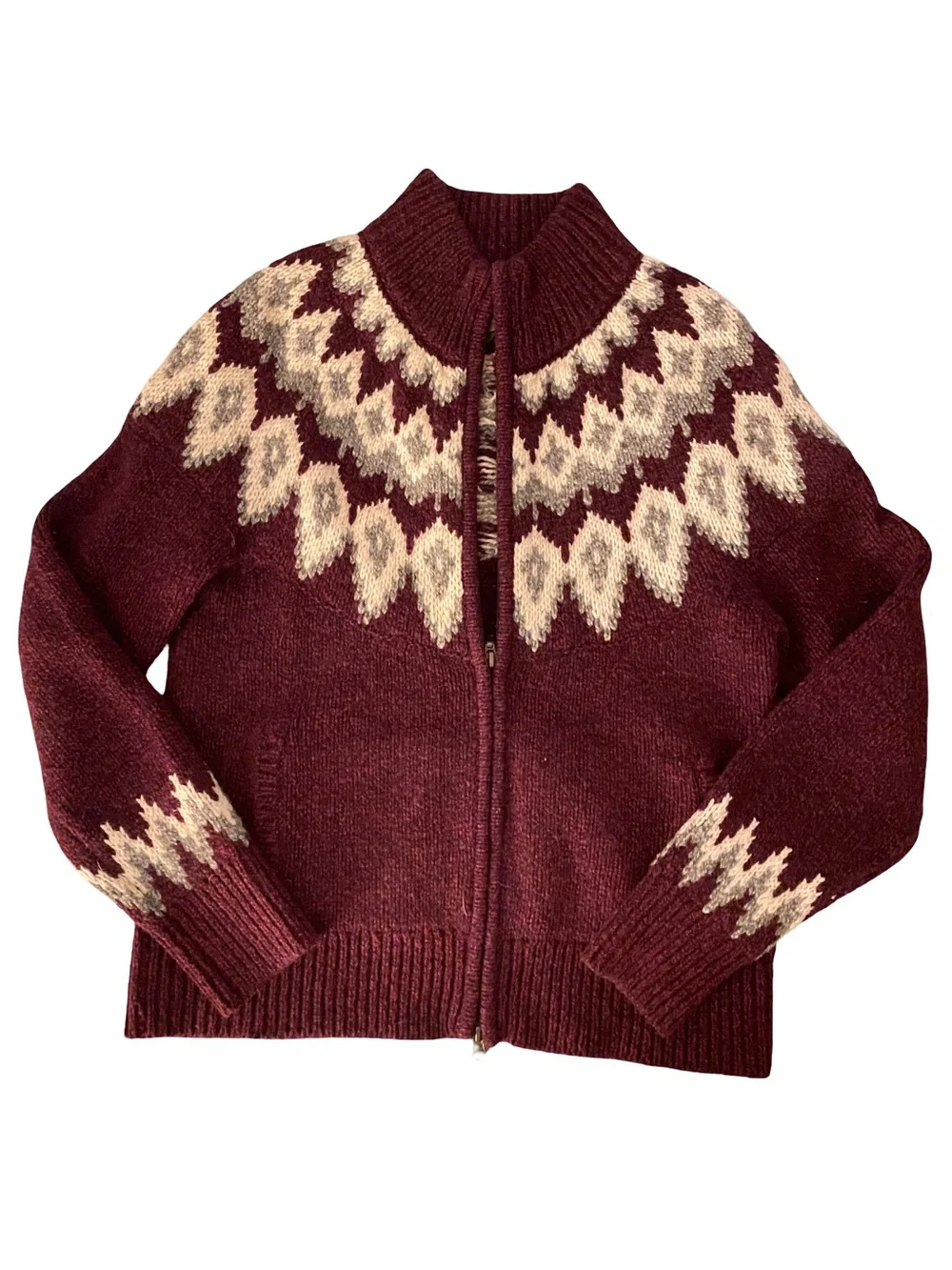Vintage L.L. Bean 100% lambs’ wool fair isle alpine yoke zip up cardigan size M